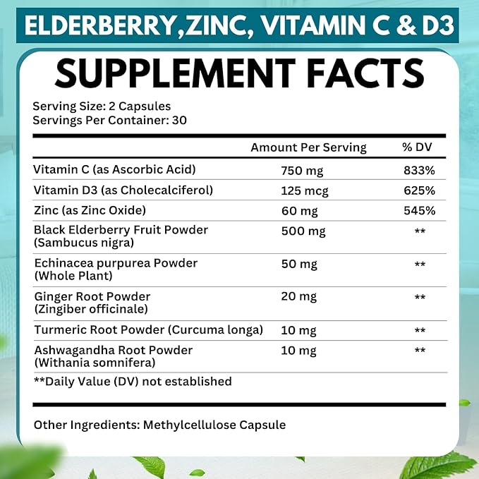 2 Pack Elderberry Immune Support Supplement 8-in-1 Formula with Echinacea, Vitamin C & Zinc, Vitamin D 5000 IU, Turmeric, Ginger, Ashwagandha – 60 Capsules Each