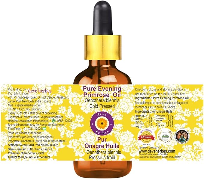 dève herbes Evening Primrose Oil (Oenothera biennis) with Glass Dropper | Cold Pressed | Pure | for Diluting Essential Oils | Skin & Massage | Non-Sticky | Lightweight | Unisex | 15ml (0.50 oz)