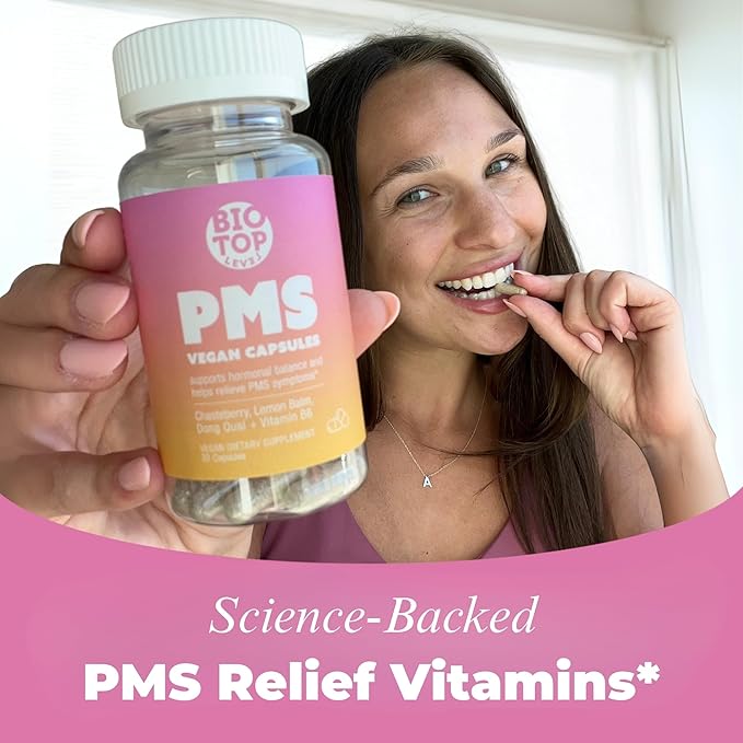 PMS Support Supplement for Women & PMS Relief, Hormone Balance & Menstrual Period Relief for Cramps, Bloating & Mood Swings with Chasteberry, Vitamin B6, Lemon Balm, Dong Quai, 30 Count