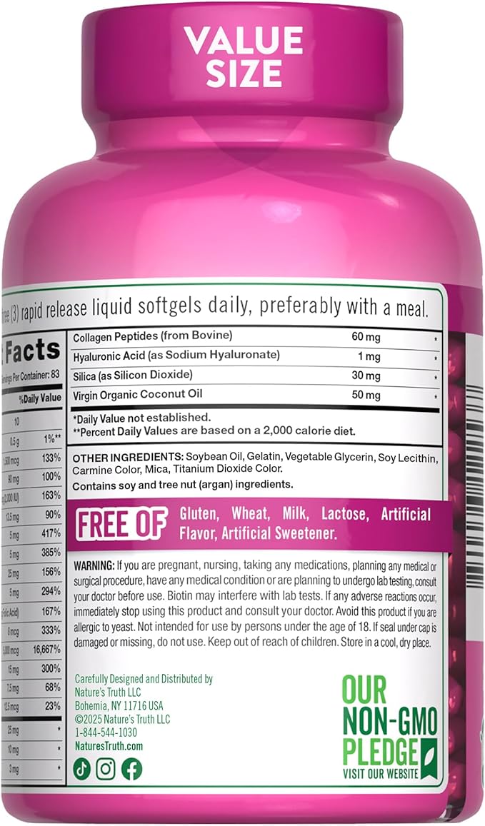 Nature's Truth Hair, Skin & Nails Vitamins | 5000mcg | 250 Softgels | Includes Collagen, Biotin and Coconut Oil | Non-GMO & Gluten Free Supplement for Women and Men