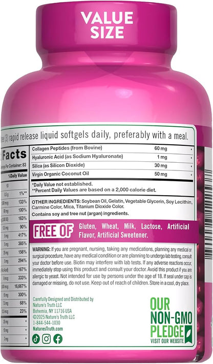 Nature's Truth Hair, Skin & Nails Vitamins | 5000mcg | 250 Softgels | Includes Collagen, Biotin and Coconut Oil | Non-GMO & Gluten Free Supplement for Women and Men