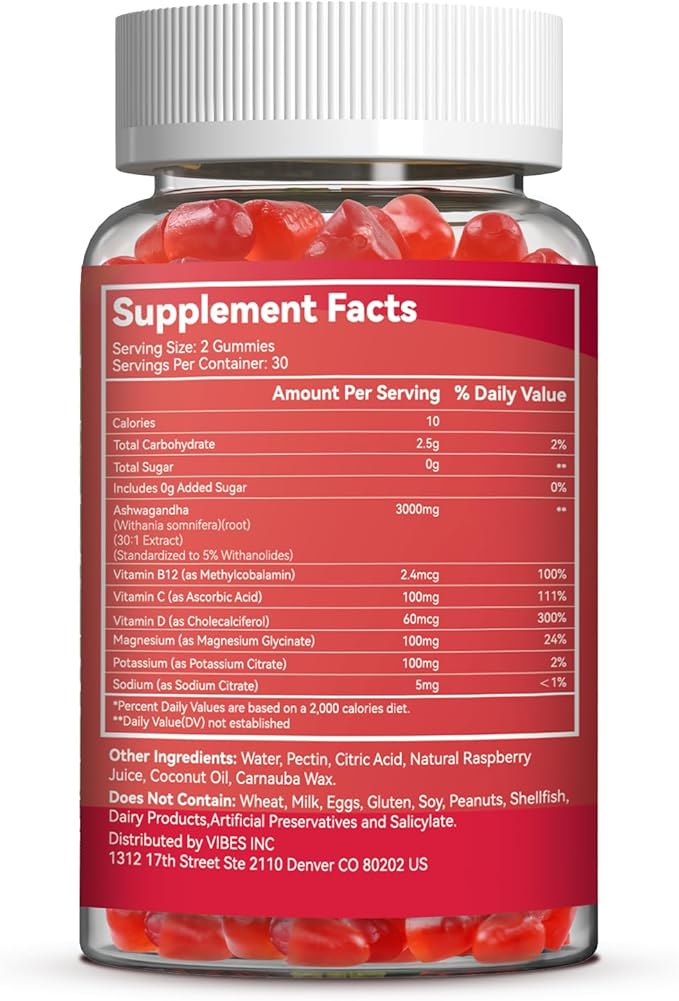 2 Pack Ashwagandha Gummies 3000mg for Stress Relief, Calm & Relaxation Support with Magnesium & Vitamin D, Vegan, Gluten-Free, Natural Raspberry Flavor, 120 Count