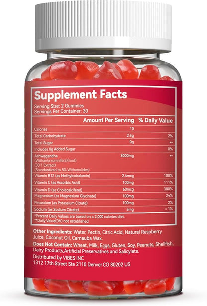 2 Pack Ashwagandha Gummies 3000mg for Stress Relief, Calm & Relaxation Support with Magnesium & Vitamin D, Vegan, Gluten-Free, Natural Raspberry Flavor, 120 Count