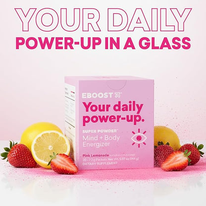 EBOOST Super Powder Drink Mix - Pink Lemonade 0.2 oz 20 Pack Hydration Energizer Electrolytes Powder - 13 Vitamins & Minerals - 110 mg Caffeine - 0 Added Sugar - No Artificial Flavors or Sweeteners