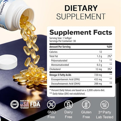 Leowell Omega-3 Softgels – High Potency EPA 432 mg & DHA 288 mg Fish Oil Supplement – 720 mg Total – 30 Softgels – Supports Heart, Brain & Joint Wellness – Fish Oil Pills, Omega 3 Supplement