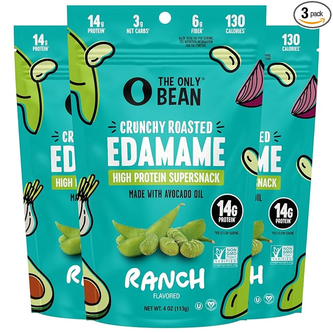 The Only Bean Edamame Dry Roasted Low Carb Snacks (Ranch), Vegan Gluten Free Snacks, Healthy Snacks for Kids and Adults, High Protein Snacks, Keto Snacks, Diabetic Snacks, 4oz (Pack of 3)