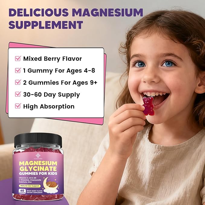 Kids Magnesium Gummies, Magnesium Glycinate Gummies 400mg/200mg with L-Theanine, Chamomile, Vitamin B6, D3 for Kids, Relaxation & Zzz Support, Nerve Bone - Sugar Free Mixed Berry Flavor 60ct