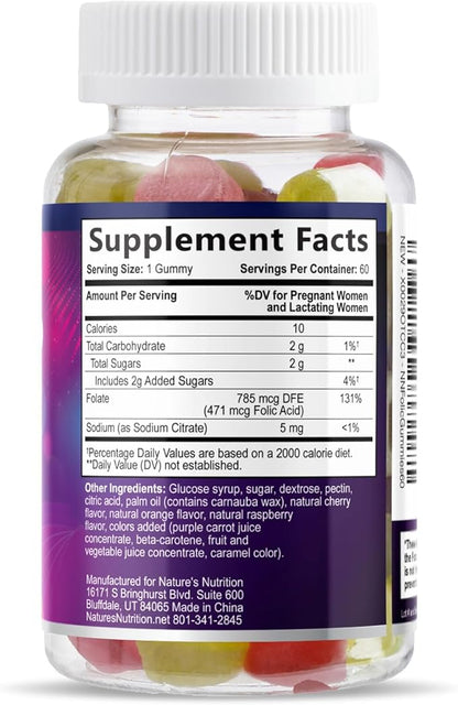 Folic Acid Gummies for Women - Folate 785 mcg Per Serving - Essential Prenatal Vitamins for Mom & Baby, Vegan Folic Supplement Gummy, Daily B9 Vitamin, Before During After Pregnancy - 60 Gummies