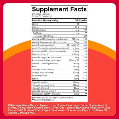 SmartyPants Organic Kids Multivitamin Gummies: Probiotics, Omega 3 (ALA), Vitamin D3, C, Vitamin B12, B6, A, K & Zinc for Immune Support, Biotin, Three Fruit Flavors, 120 Count (30 Day Supply)