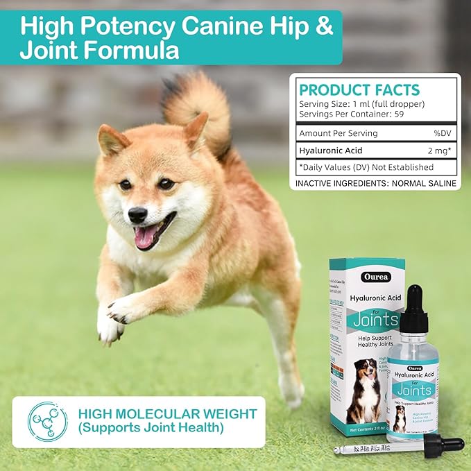 Hyaluronic Acid Joint Supplement for Dogs, Dog Hip and Joint Supplement, High Molecular Weight Natural Support for Dog Joint Health & Movement, Premium Dogs Essentials for Joint, Skin, Coat, Eye Care