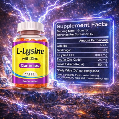 L Lysine Gummies 1000mg with Zinc - Supports Skin, Lip, Vegan, Gluten Free, 60 Chewable L-Lysine for Adults, Vitamins Tissue Health & Immune System, Amino Acid & Complex Supplements, Non-GMO(2Pack)