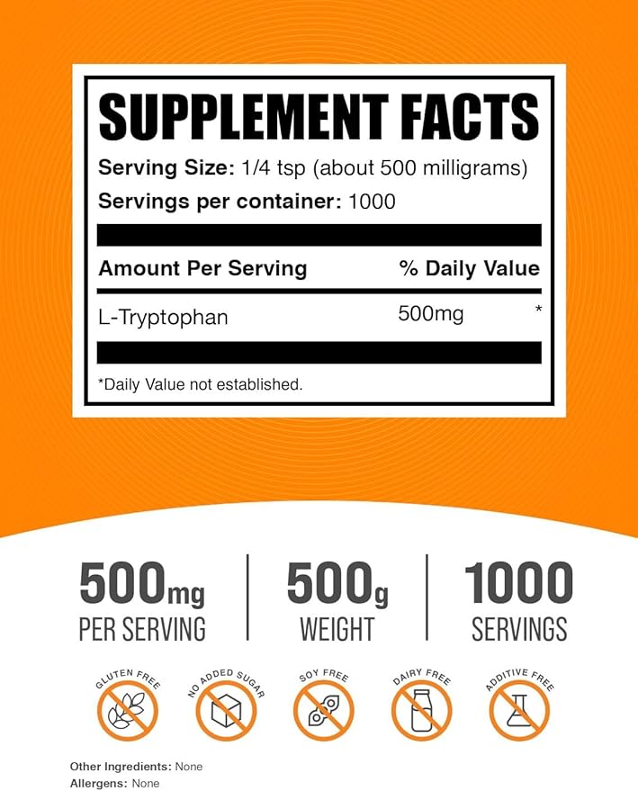 BulkSupplements.com L-Tryptophan Powder - Tryptophan Supplement, Amino Acid Supplement - Gluten Free, 500mg per Serving, 500g (1.1 lbs) (Pack of 1)