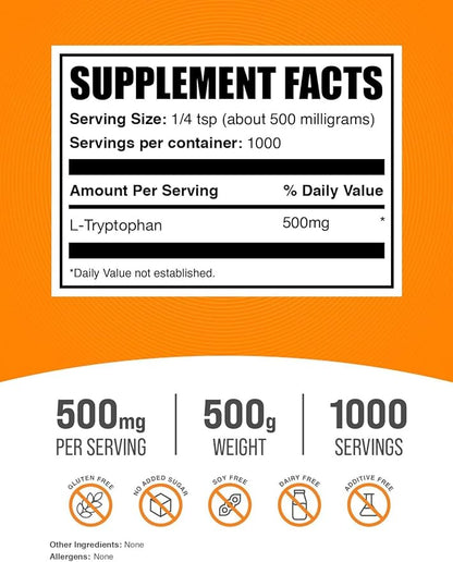 BulkSupplements.com L-Tryptophan Powder - Tryptophan Supplement, Amino Acid Supplement - Gluten Free, 500mg per Serving, 500g (1.1 lbs) (Pack of 1)