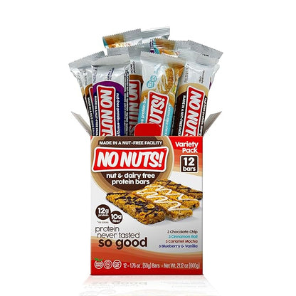 No Nuts! Protein Bar Variety Pack – 12 Count | Nut-Free & School-Safe | Chocolate Chip, Caramel Mocha, Cinnamon Roll & Blueberry Vanilla | Dairy-Free, Vegan, Non-GMO, Organic, Kosher