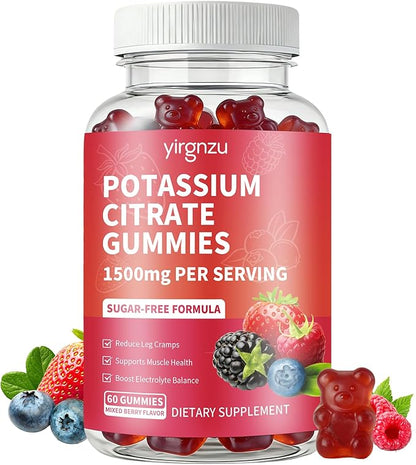 Potassium Citrate Gummies 1500mg, Potassium Supplement for Women & Men, Support Leg Cramps & Muscle Health, Vegan, Mixed Berry Flavor 60 Count