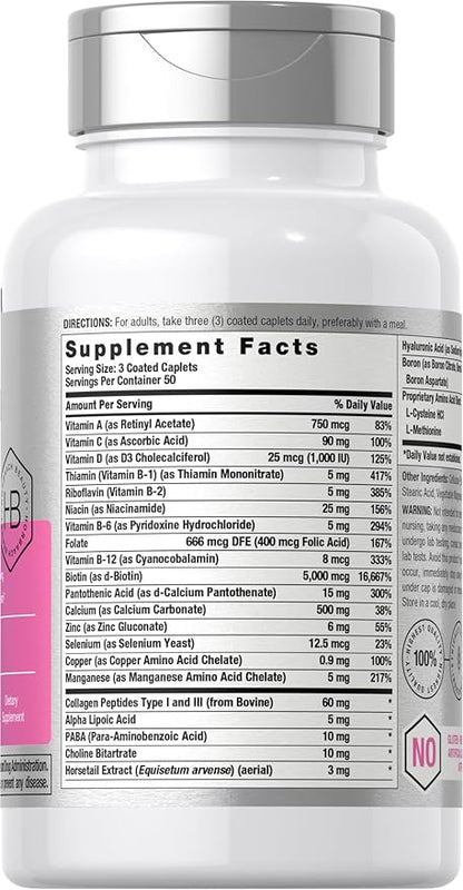 Horbäach Hair Skin and Nails Vitamins | 150 Caplets | with Biotin and Collagen | Supplement for Women and Men | Non-GMO, Gluten Free