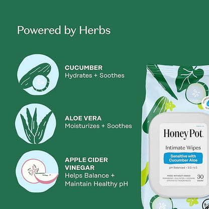 The Honey Pot Company - Feminine Wipes - Daily PH Balancing, Fragrance & Sulfate Free Wipes for Intimate Parts, Body, or Face - Hygiene Products - Sensitive w/Cucumber Aloe 30 ct.