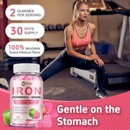 ZHPHK Iron Gummies for Women Men Vitamin Supplement 65mg & Vitamin C 250mg Per Serving with B6 B12 Folate- Energy Support for Iron Deficiency, Anemia, Vegan Guava Hibiscus Flavor, 120 Count