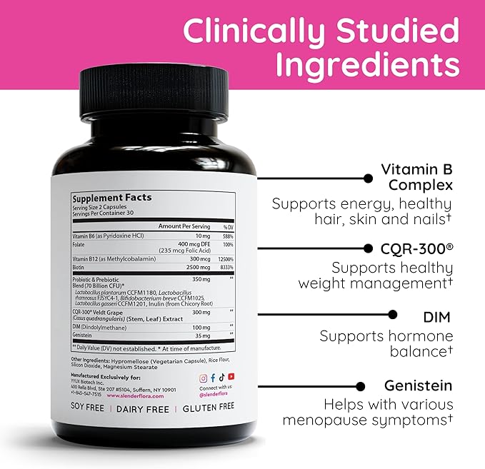 SlenderFlora - Menopause Probiotic Supplement | Weight Management, Hot Flashes, Night Sweats, Bloating | 70 Billion CFU | Gluten, Soy & Dairy Free | 60 Ct, Pack of 2