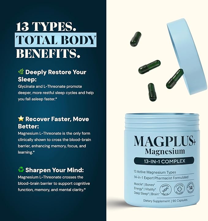 Magnesium Complex for Women & Men, 1000mg – MAGPLUS+ 13-in-1 Advanced Liposomal Ultra Formula – Glycinate, L-Threonate & Triple Magnesium Blend – Brain, Memory & Deep Sleep – 90 Capsules