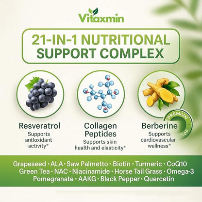NAD Resveratrol Supplement 200mg with Berberine NAC Collagen - Nicotinamide Riboside NMN NADH CoQ10 Biotin Hyaluronic Acid - Hair Skin Nails Supplement - 60 Capsules