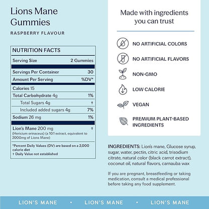 TRIP Lion’s Mane Gummies with 2000mg Lion’s Mane Mushrooms Extract Per Serving, Vegan, Naturally Flavored On the Go Chewable Gummy, Delicious Raspberry Flavor, 1 Bag, 60 Count