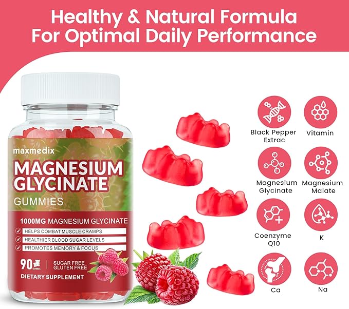 Magnesium Glycinate Gummies 1000mg, Sugar Free Magnesium Potassium Supplements Chewable for Adults with L-Threonate for Sleep, Body Support and Relaxation,90 Raspberry Gummies