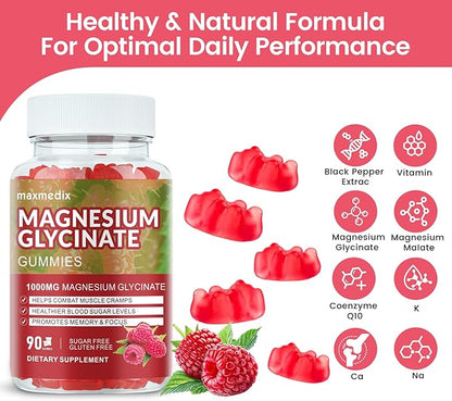 Magnesium Glycinate Gummies 1000mg, Sugar Free Magnesium Potassium Supplements Chewable for Adults with L-Threonate for Sleep, Body Support and Relaxation,90 Raspberry Gummies