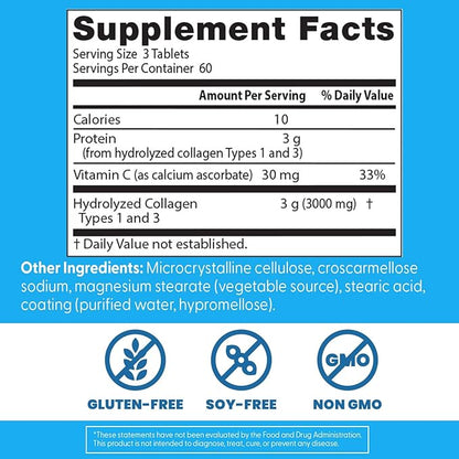 Doctor's Best Collagen Peptides Types 1 & 3 - Collagen Supplement for Women & Men, Supports Hair, Skin, Nails, & Joint Health, Includes 30 mg Vitamin C & 3 g Protein Per Serving, Non GMO - 180 Tablets
