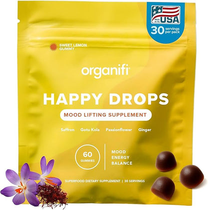 Organifi Happy Drops - Daily Superfood Happy Gummies for Adults - Mood Support Supplement for Balance, Bliss, Energy and Taking the Edge Off - Sweet Lemon Flavor - 60 Gummies