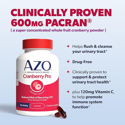 AZO Cranberry Pro, Cranberry Pills for Women & Men, 600mg Pacran, Made with Concentrated Whole Fruit Cranberry Powder to Help Cleanse and Protect The Urinary Tract*, Sugar Free, Non-GMO, 100 Softgels