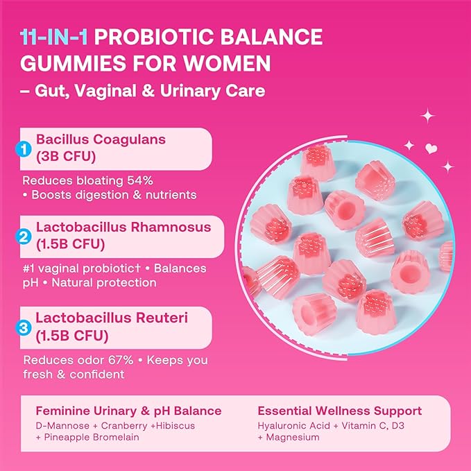 Feminine Balance Gummies for Women, Premium Ph Balance Gummies with Probiotic for Vaginal Flora Balance, Immune Support Supplement, Gluten-Free, Strawberry Flavor with Liquid Filled, 120 Count