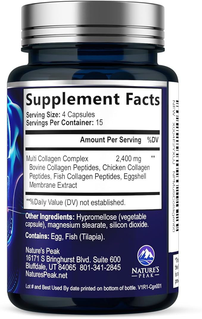 Multi Collagen Peptides Supplement for Hair, Nail, Skin - Type I, II, III, V, X, Collagen Powder Pills - Grass-Fed, Hydrolyzed for Bone and Joint Support for Women & Men, Non-GMO - 60 Capsules