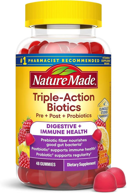 Nature Made Triple-Action Biotics, Gut and Immune Health Support, Digestive Probiotics for Women and Men, Prebiotic Fiber Gummies, 48 Gummies, 24 Day Supply
