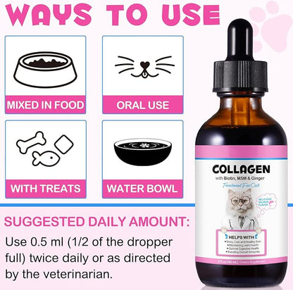 Liquid Collagen for Cats, Cats Collagen Liquid Drops with Biotin, MSM & Ginger Immunity Support, Itch Relief, Skin & Coat and Joint Health Supplement for Cat 60ml