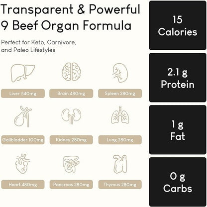 Beef Organ Supplement | 9-Organ Complex from Grass-Fed New Zealand Cattle | Whole-Food Multivitamin Alternative for Energy, Digestion, Immune & Brain Support | 30 Day Supply