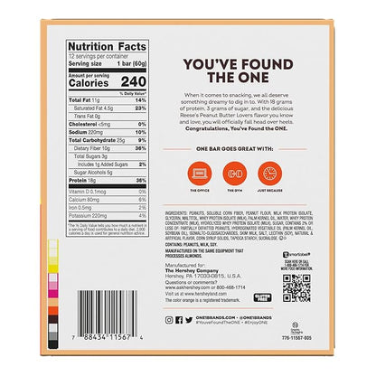ONE Protein Bars, Reese's Peanut Butter Lovers, Gluten Free with 18g Protein and 3g Sugar, Pantry Staples, 2.12 oz (12 Count)
