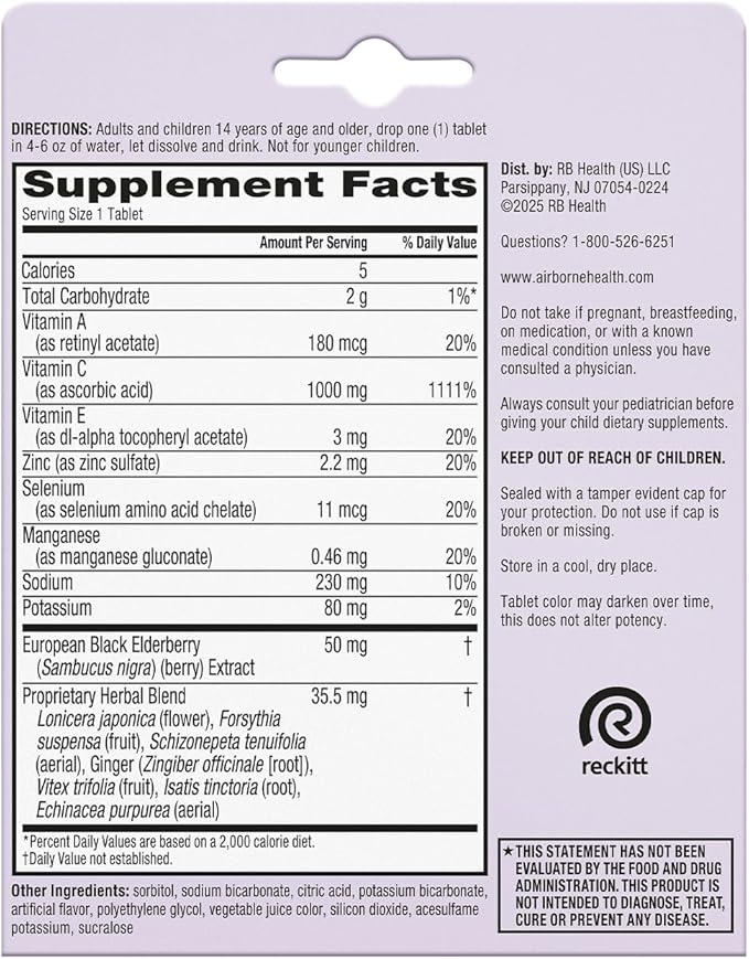 Airborne Elderberry Extract + Vitamin C 1000mg (per Serving) - Effervescent Tablets (20 Count in a Box), Gluten-Free Immune Support Supplement, with Vitamins A C E, Zinc, Selenium, Sugar Free