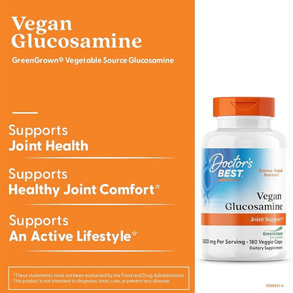 Doctor's Best Vegan Glucosamine Supplement for Men & Women - Glucosamine 1500mg Per 2 Capsules, Joint Health Support for Adults, Gluten Free, Non GMO, Vegetarian/Vegan - 180 Veg Caps