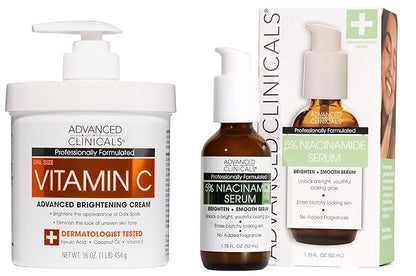 Advanced Clinicals Brightening Vitamin C Cream + 5% Niacinamide Serum W/Hyaluronic Acid 2pc Set | Vitamin C Body Lotion Moisturizer & Dark Spot Remover Face Serum | Skin Care Products, 2pc Bundle