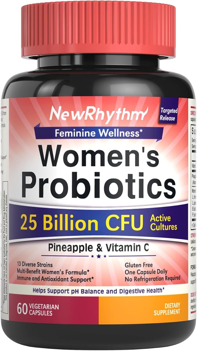 NewRhythm Vaginal Probiotics for Women, with Pineapple Powder, Vitamin C, Natural Vaginal PH Balance, Immune Support & Digestive Health, Vegan, 60 Capsules