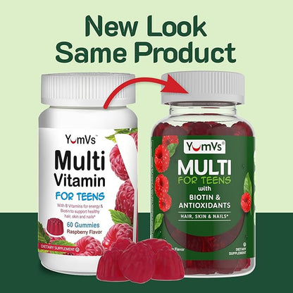 YumVs Teen Multivitamin Gummies with Biotin and Antioxidants - Raspberry Flavor - Hair Skin Nails Support - Kosher Teenager Vitamins for Boys and Girls 12-17 - Teen Gummy Multi Vitamin (60 Count)