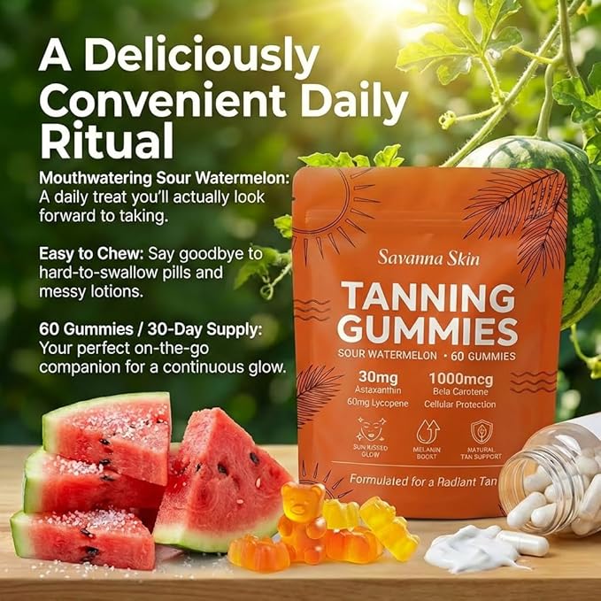 Savanna Skin Sunless Tanning Gummies for Natural Bronze Glow - with Beta Carotene, Vitamin C & E - Vegan & Sugar-Free Skin Hydration Supplement - 60 Count