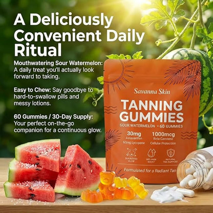 Savanna Skin Sunless Tanning Gummies for Natural Bronze Glow - with Beta Carotene, Vitamin C & E - Vegan & Sugar-Free Skin Hydration Supplement - 60 Count