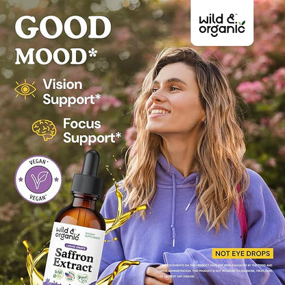 Wild & Organic Saffron Supplements 88.5 mg - Saffron Drops for Mood, Brain, Vision Support - Crocus Sativus Liquid Extract - Vegan, Sugar & Alcohol-Free Tincture - 2 fl oz