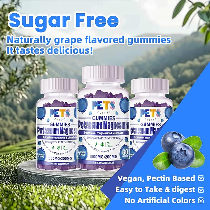 Potassium Magnesium Gummies - High Absorption Magnesium Glycinate & Potassium Citrate Plus Omega 3, B6, D3, K2 & Calcium - Chewable Gummy for Leg Cramps, Immunity & Energy Blueberry 120 Gummies