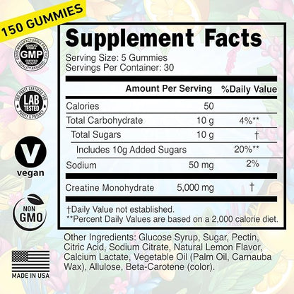 Creatine Monohydrate Gummies 5g - Made in USA - Pre Workout Creatine Chews for Women & Men, Vegan Creatine Gummy Candy, Chewable Nutritional Supplements, NSF Certified (Lemon, 150 Count)