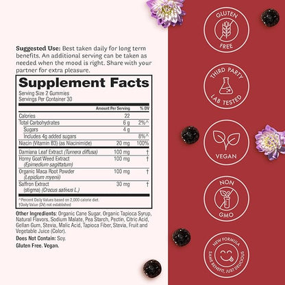Winged Wellness Love Bites, Libido Booster for Women with Maca Root - Libido & Pleasure Booster with Horny Goat Weed & Damiana - Natural Aphrodisiac Gummy Supplement - Wild Blueberry, 60 Vegan Gummies