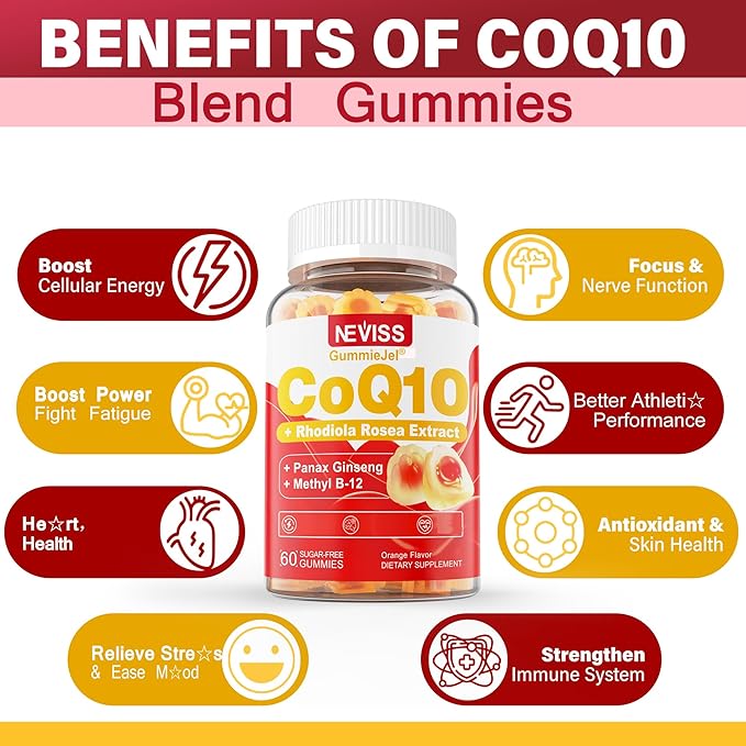 Ultra Absorption CoQ10 Gummies 200mg/400mg, w/ Methyl B12 1000mcg, B6, Rhodiola Rosea & Panax Ginseng, Sugar Free CoQ10 Supplement for Energy Boost, Hear-t Health, Antioxidant & Brain Support, 2 Pack