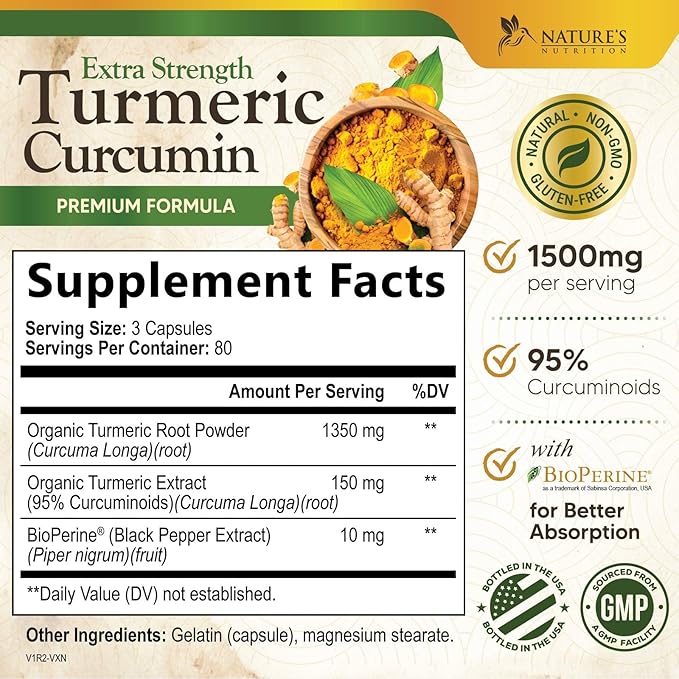 Turmeric Curcumin Supplement 1500mg - Organic Tumeric & BioPerine Black Pepper for Best Absorption with 95% Curcuminoids, Nature's Joint & Immune Support, Non-GMO, Bottled in USA - 240 Capsules